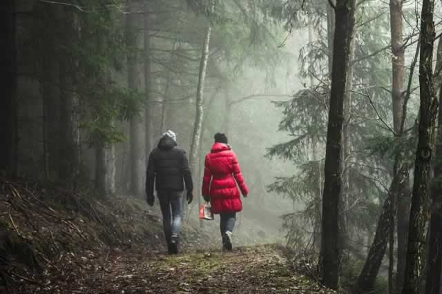 couple walking in the forrest